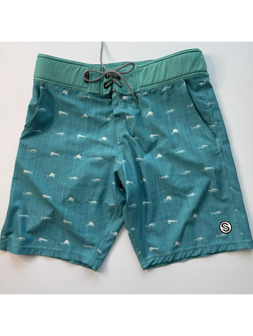 Scales First Mates Board Shorts Men’s Size 32 Aqua Fish Print Performance Swim